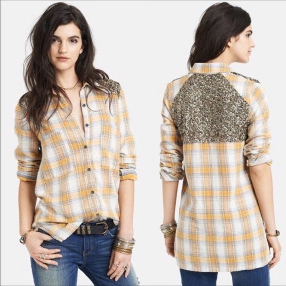 Free People Bit Of Sugar Sequin Shirt Sz M
